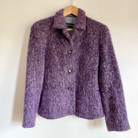 VINTAGE MOHAIR ALPACA WOOL VIOLET SHORT JACKET BLAZER FUZZY S M GERMANY - Picture 2 of 11